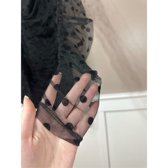 NWOT Hello Molly Meet Me At The Bar Ruched Sheer Dotted Sleeve Black Mini Dress - Picture 3 of 14